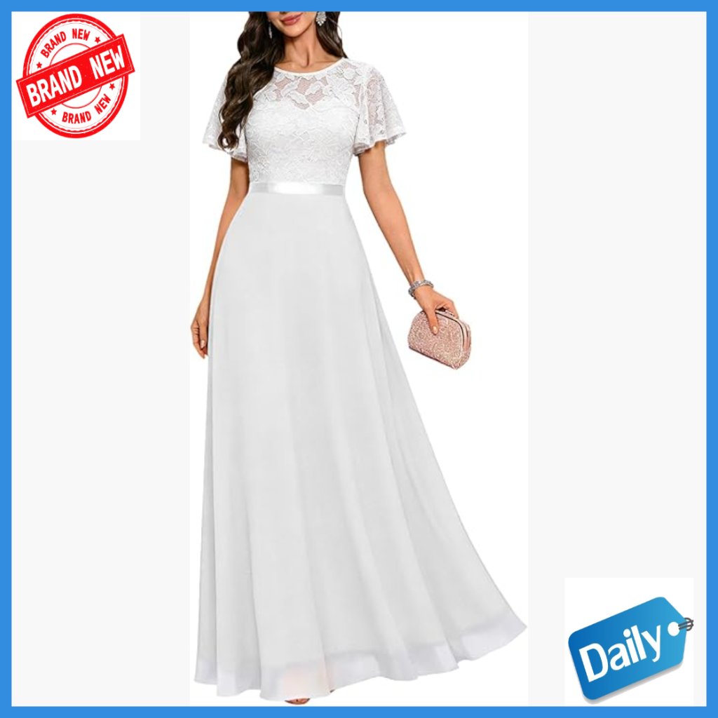 Lace Ruffle Sleeve Maxi Dress Wedding Guest Prom Evening Gown Formal